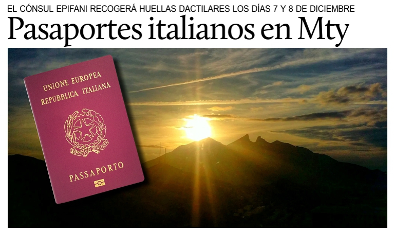 Pasaportes para los italianos en Mxico: misin a Monterrey el 7 y 8 de diciembre de 2017.