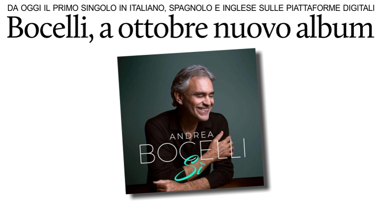 Bocelli, a ottobre nuovo album.