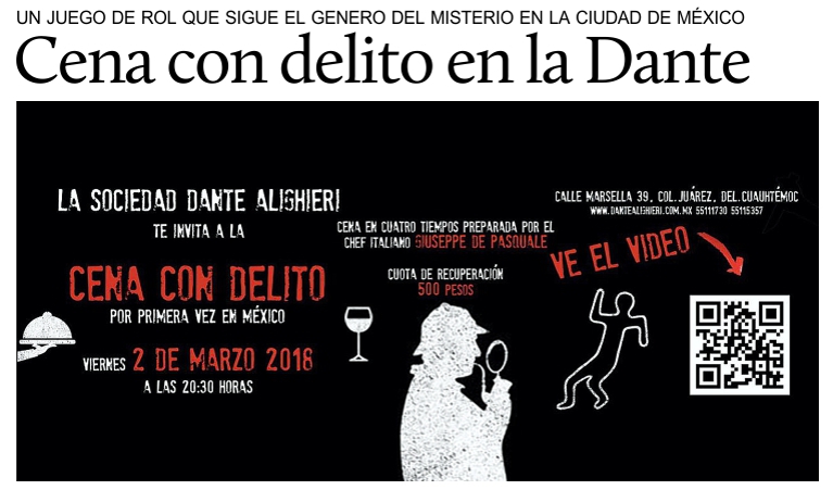 El 2 de marzo cena con delito en la Sociedad Dante Alighieri de la Ciudad de Mxico.