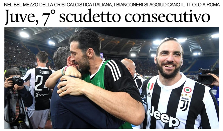 Calcio italiano in crisi, ma la Juve vince il 7 scudetto consecutivo.