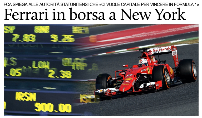 Ferrari in borsa a NY: Ci vuole capitale per vincere in Formula 1.