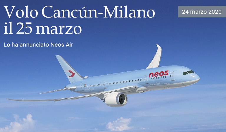 Volo speciale Cancn-Milano il 25 marzo